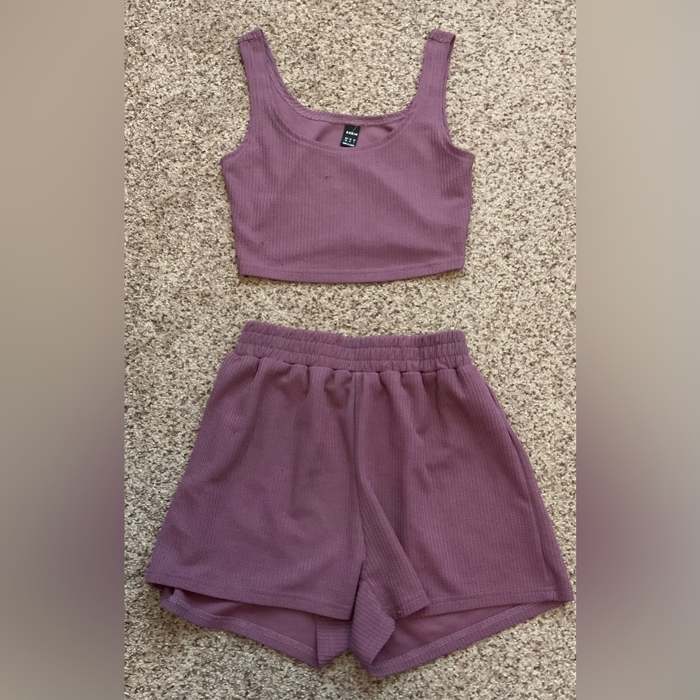 Purple Ribbed Tank and Shorts Set